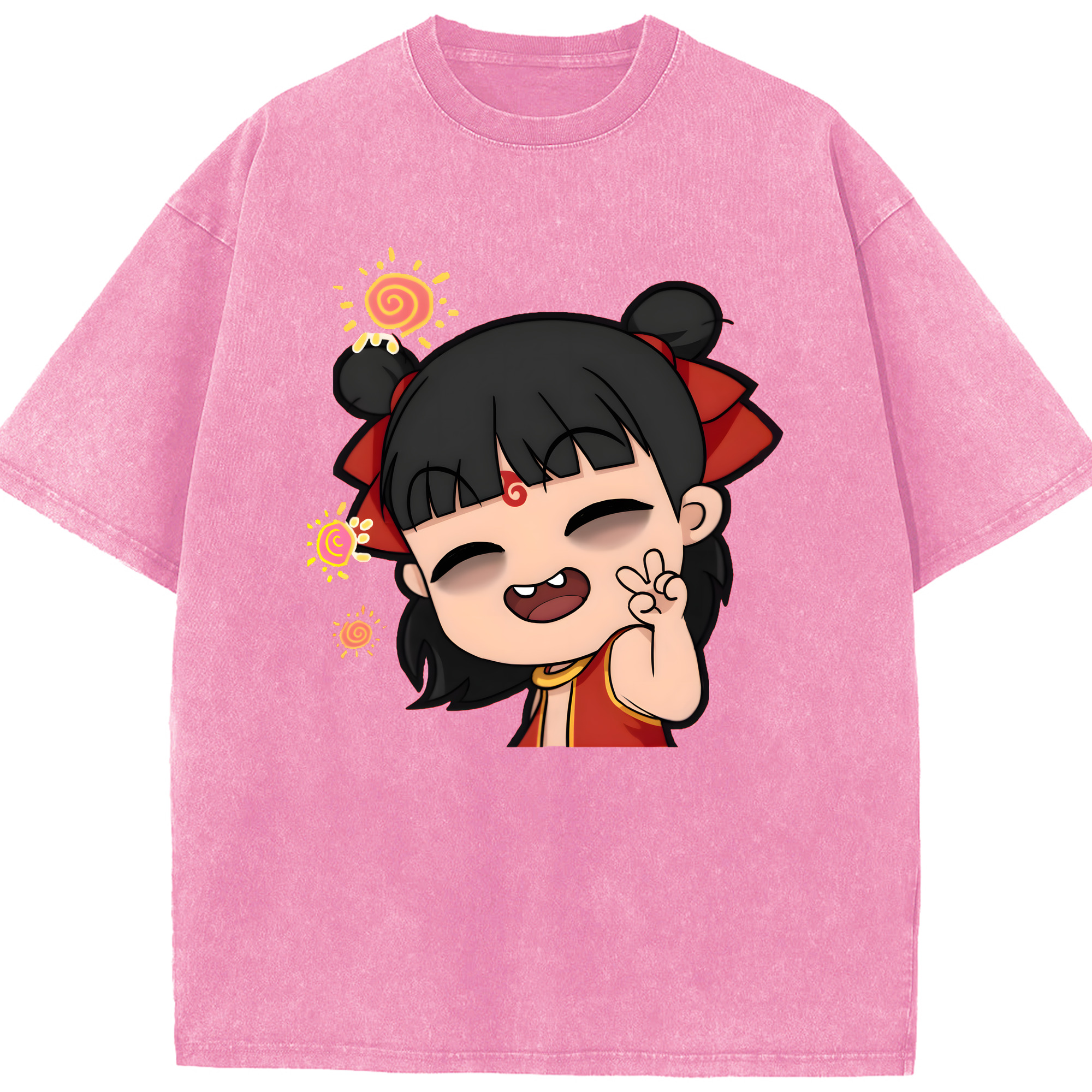 （画像用） Ne Zha 2 ナタ 魔童の大暴れ 綿100% ヴィンテージ風 半袖Tシャツ（フロントプリント）